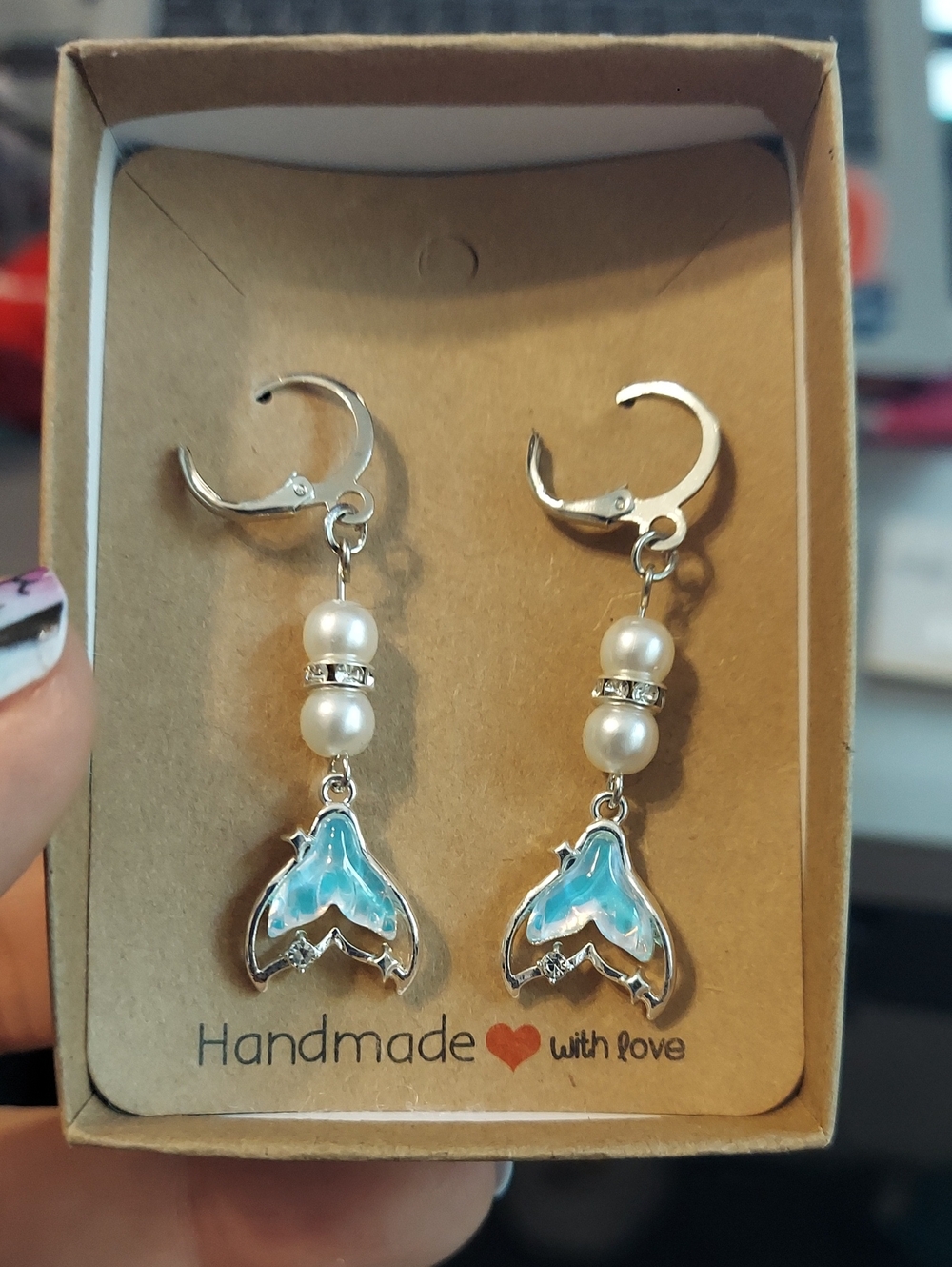 Handmade Silver Pearl Drop Earrings with Blue Mermaid Tail